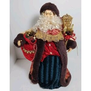 Vintage Santa Claus 16" Tree Topper Red Green Velvet Brown Fur Trim Gold Accents